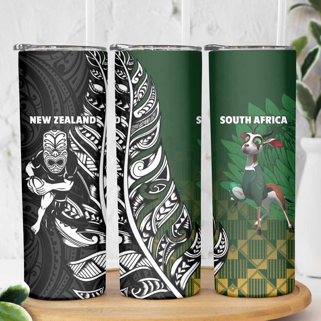 New Zealand and South Africa Rugby Skinny Tumbler Maori Tiki Fern Springboks Kente Pattern - Polynesian Pride