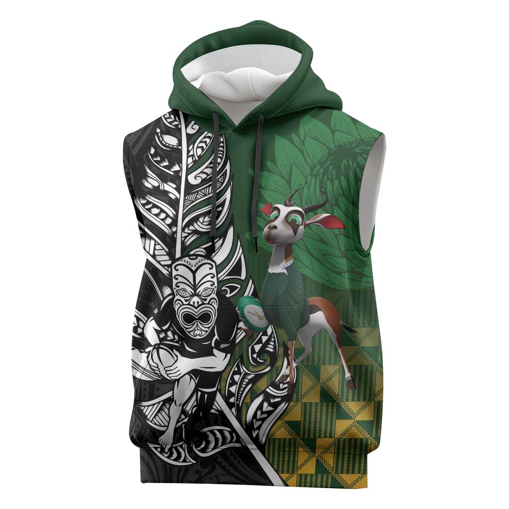 New Zealand and South Africa Rugby Custom Sleeveless Hoodie Maori Tiki Fern Springboks Kente Pattern - Polynesian Pride