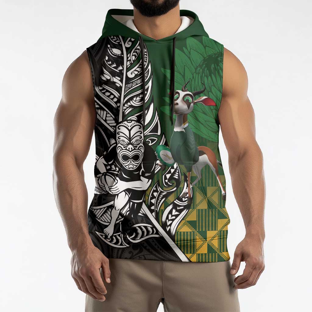New Zealand and South Africa Rugby Custom Sleeveless Hoodie Maori Tiki Fern Springboks Kente Pattern - Polynesian Pride