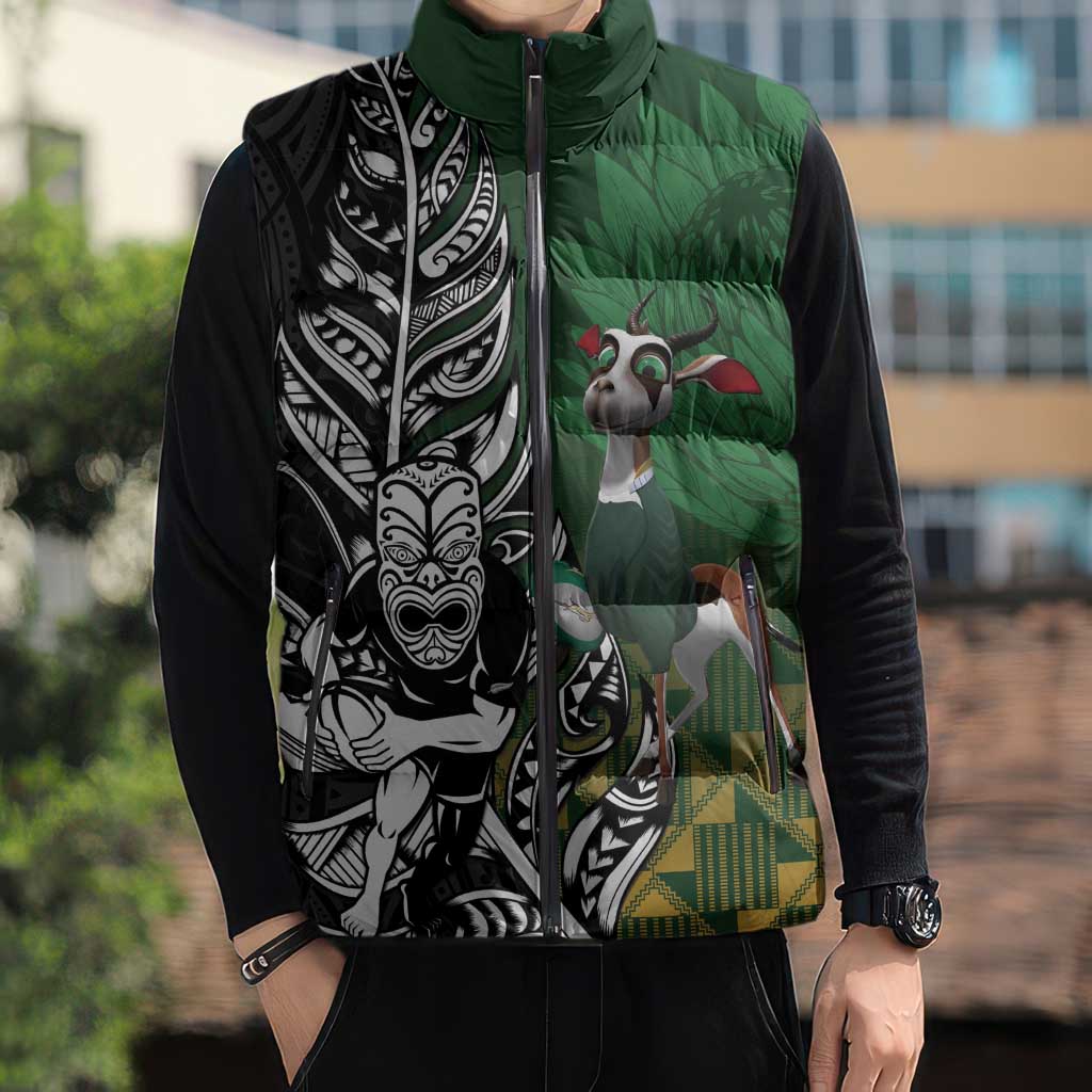 New Zealand and South Africa Rugby Custom Sleeveless Puffer Jacket Maori Tiki Fern Springboks Kente Pattern - Polynesian Pride