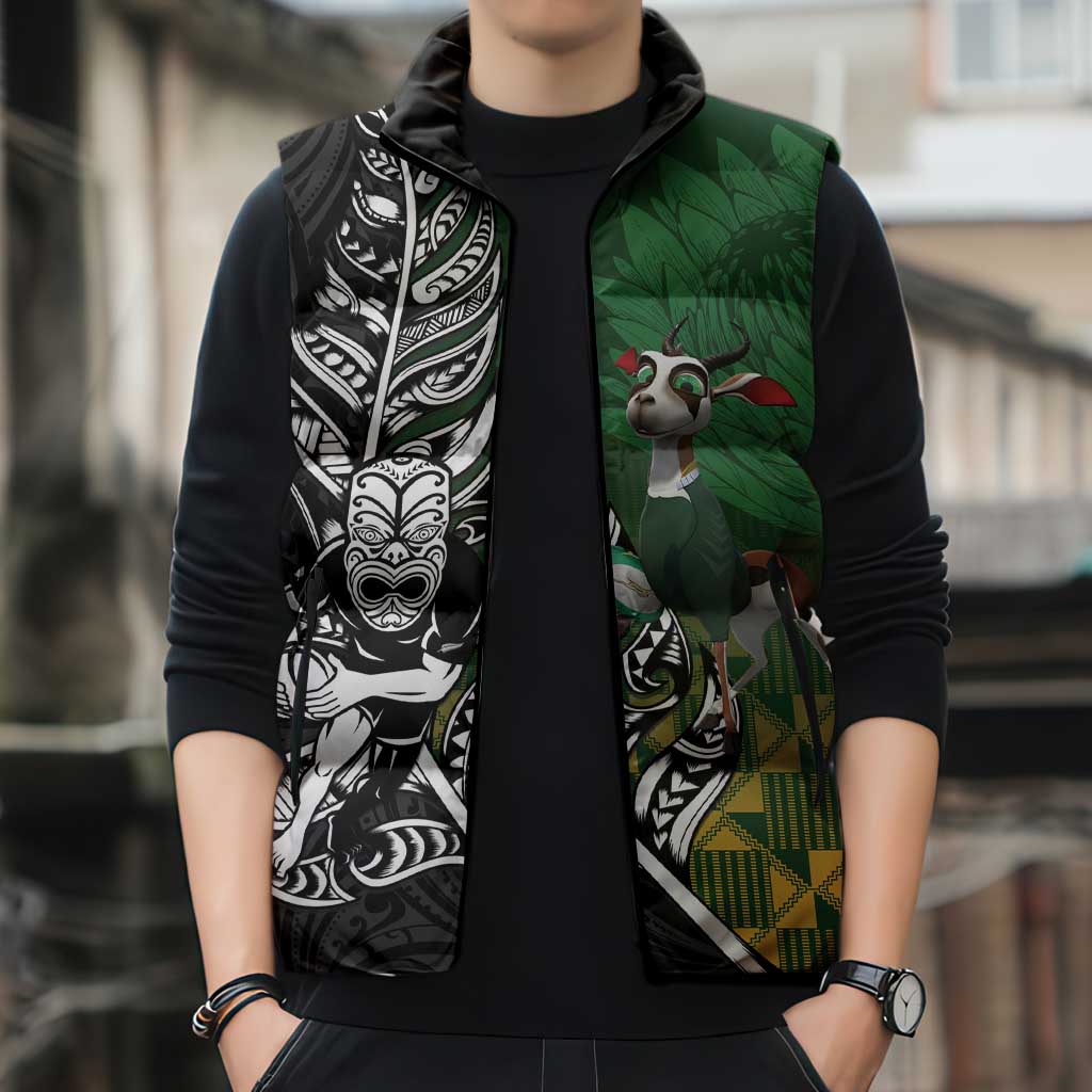 New Zealand and South Africa Rugby Custom Sleeveless Puffer Jacket Maori Tiki Fern Springboks Kente Pattern - Polynesian Pride