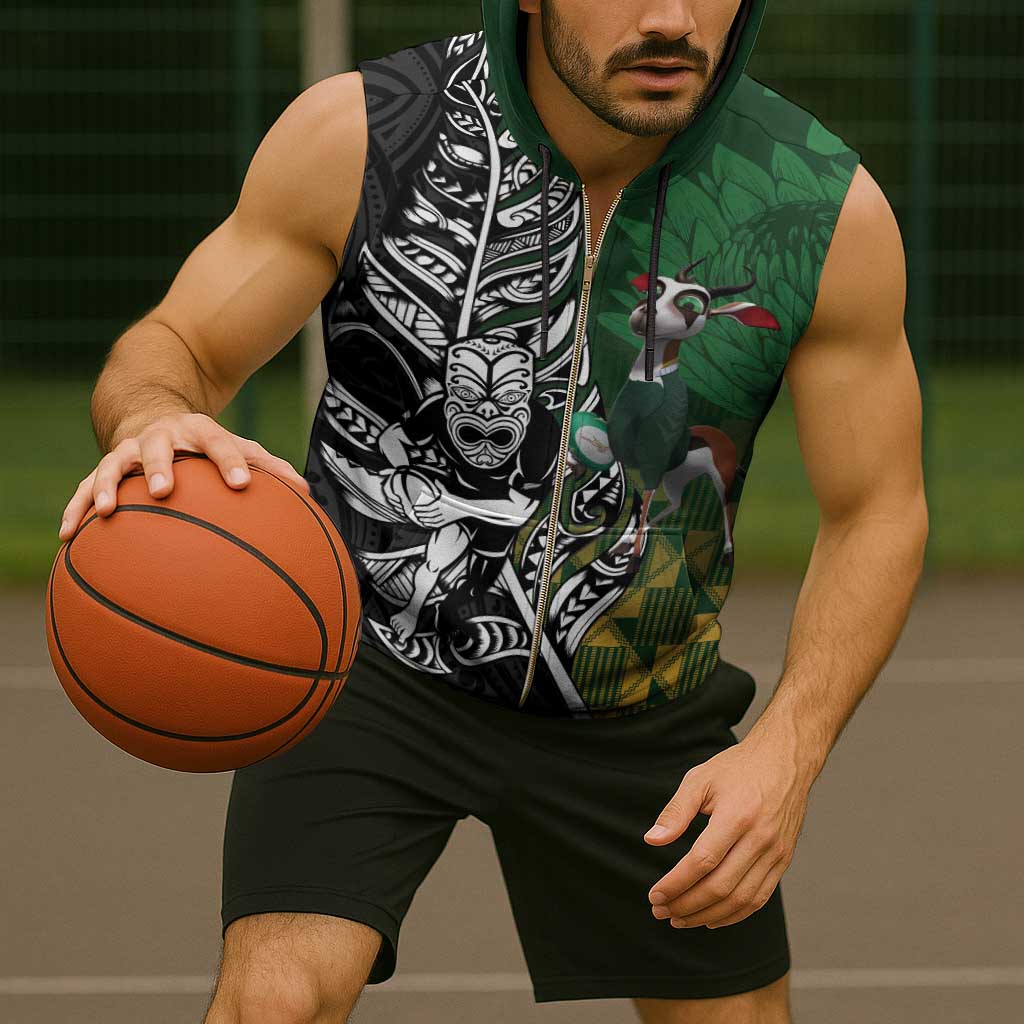 New Zealand and South Africa Rugby Custom Sleeveless Zip Hoodie Maori Tiki Fern Springboks Kente Pattern - Polynesian Pride