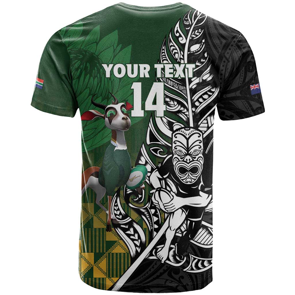 New Zealand and South Africa Rugby Custom T Shirt Maori Tiki Fern Springboks Kente Pattern - Polynesian Pride
