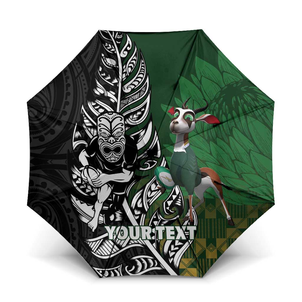 New Zealand and South Africa Rugby Custom Umbrella Maori Tiki Fern Springboks Kente Pattern - Polynesian Pride
