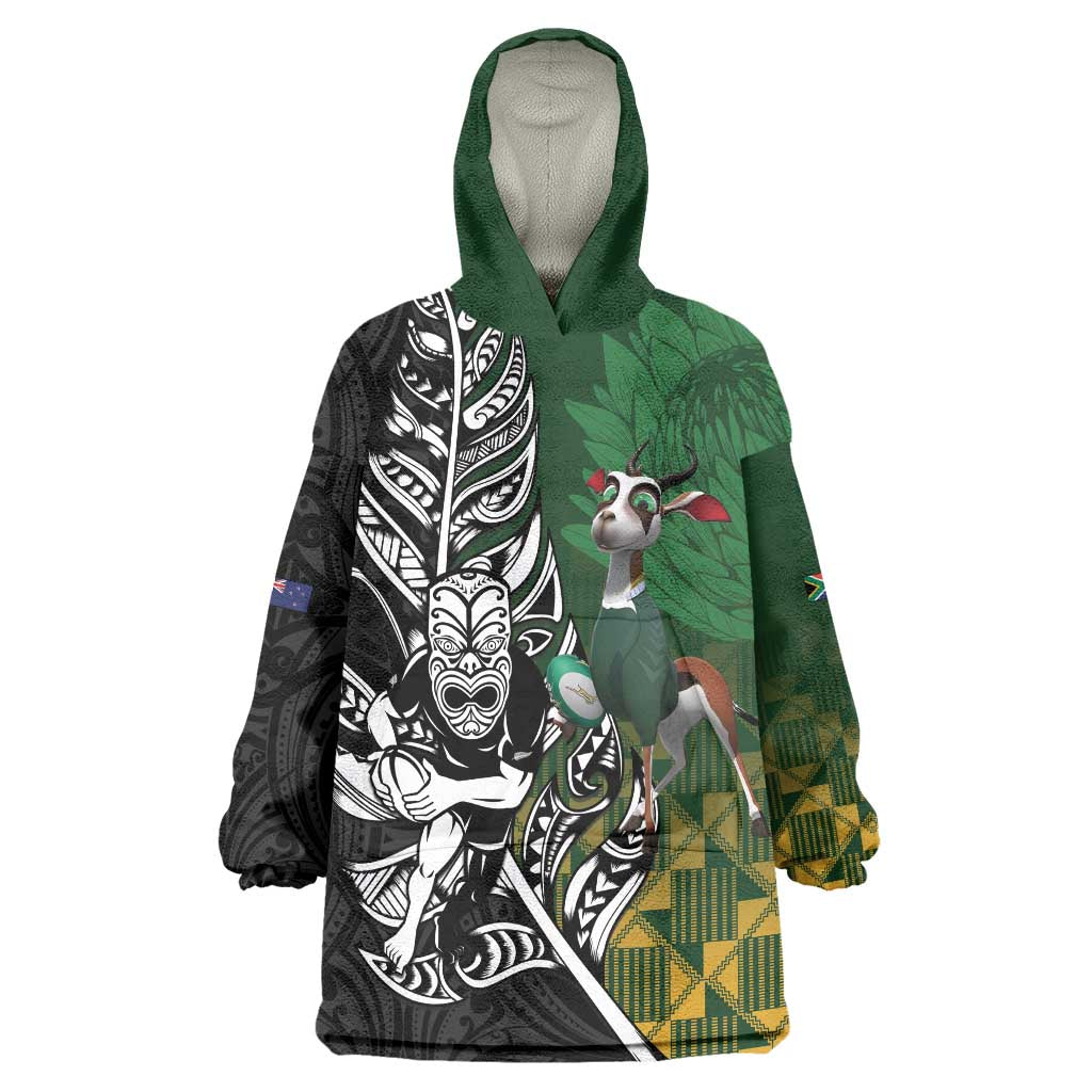 New Zealand and South Africa Rugby Custom Wearable Blanket Hoodie Maori Tiki Fern Springboks Kente Pattern - Polynesian Pride