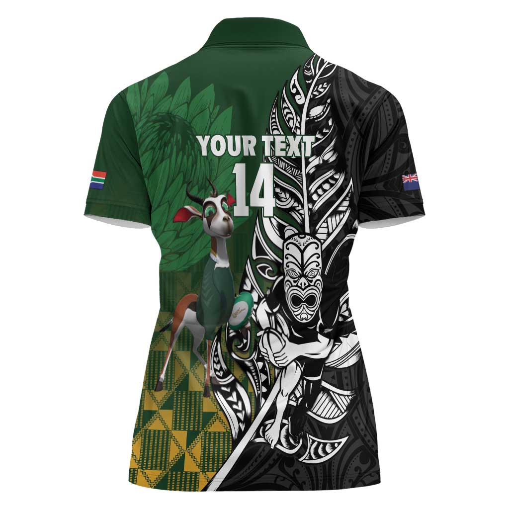 New Zealand and South Africa Rugby Custom Women Polo Shirt Maori Tiki Fern Springboks Kente Pattern - Polynesian Pride