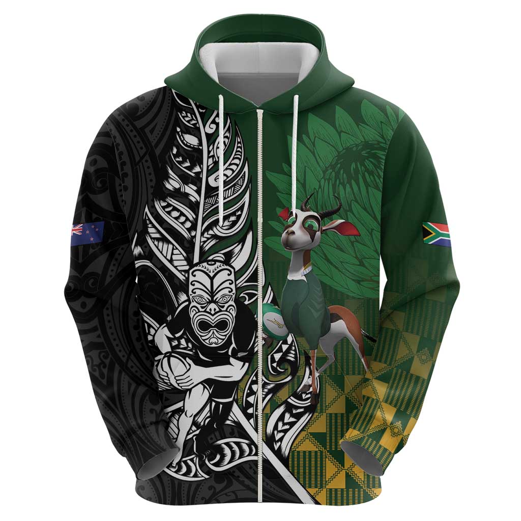 New Zealand and South Africa Rugby Custom Zip Hoodie Maori Tiki Fern Springboks Kente Pattern - Polynesian Pride