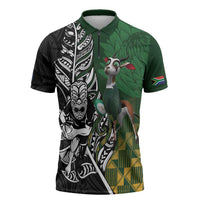 New Zealand and South Africa Rugby Custom Zipper Polo Shirt Maori Tiki Fern Springboks Kente Pattern - Polynesian Pride