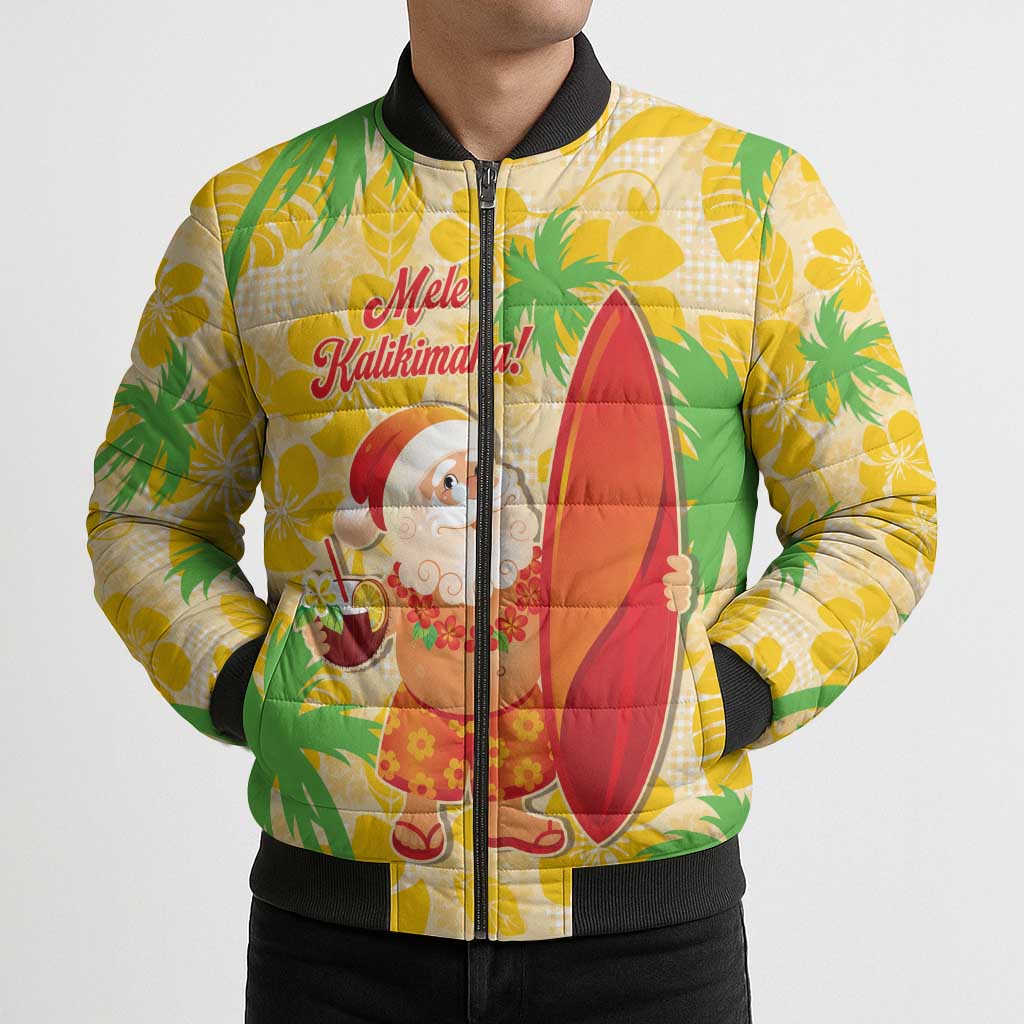Aloha Hawaii Christmas Bomber Puffer Jacket Mele Kalikimaka Funny Santa Palaka Quilt Motifs - Polynesian Pride