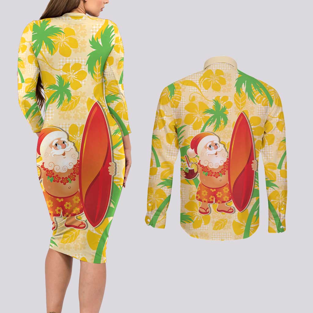 Aloha Hawaii Christmas Couples Matching Long Sleeve Bodycon Dress and Long Sleeve Button Shirt Mele Kalikimaka Funny Santa Palaka Quilt Motifs - Polynesian Pride