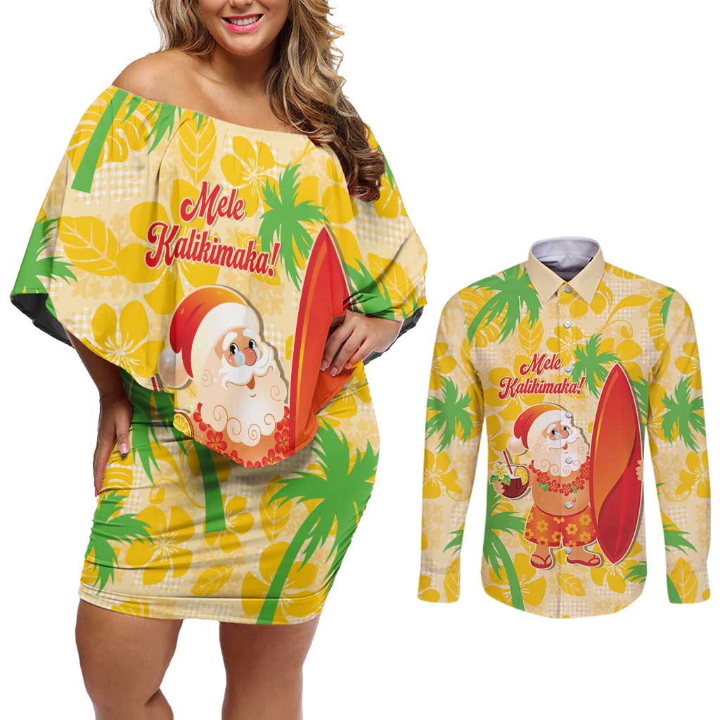 Aloha Hawaii Christmas Couples Matching Off Shoulder Short Dress and Long Sleeve Button Shirt Mele Kalikimaka Funny Santa Palaka Quilt Motifs - Polynesian Pride