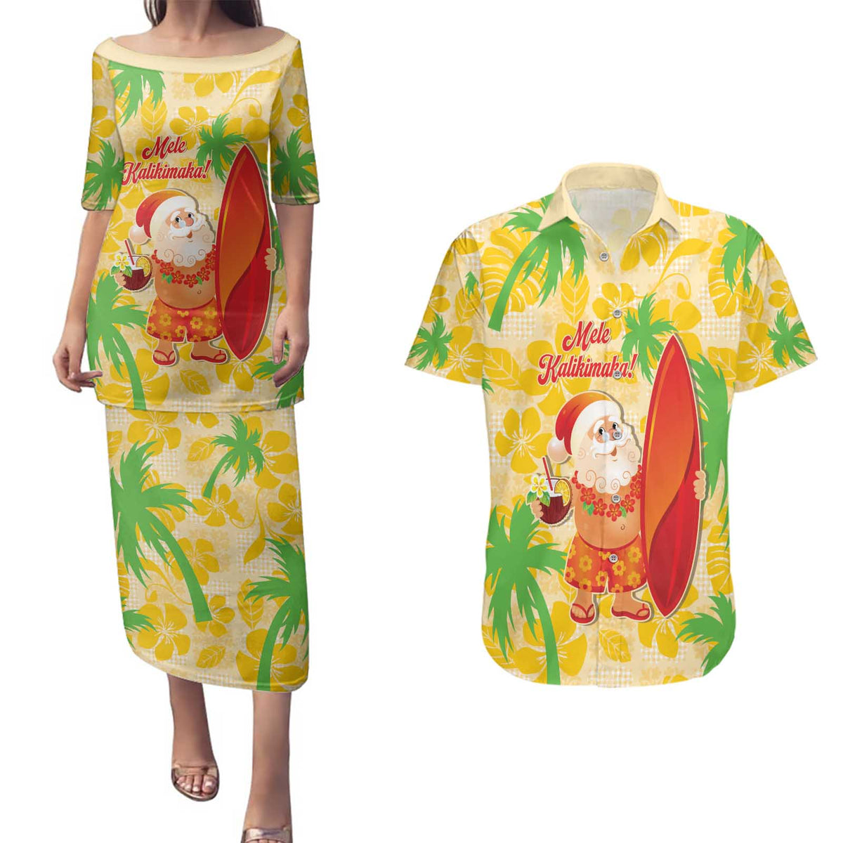 Aloha Hawaii Christmas Couples Matching Puletasi and Hawaiian Shirt Mele Kalikimaka Funny Santa Palaka Quilt Motifs - Polynesian Pride