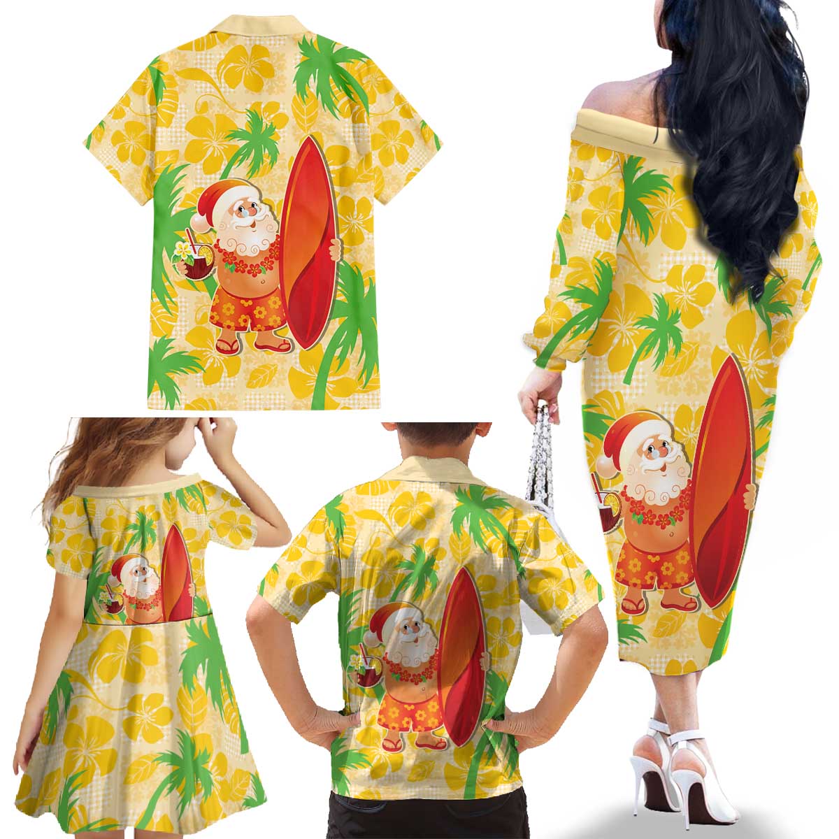Aloha Hawaii Christmas Family Matching Off The Shoulder Long Sleeve Dress and Hawaiian Shirt Mele Kalikimaka Funny Santa Palaka Quilt Motifs - Polynesian Pride