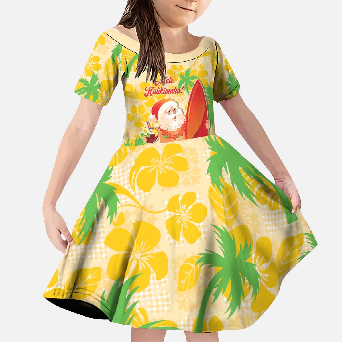 Aloha Hawaii Christmas Kid Short Sleeve Dress Mele Kalikimaka Funny Santa Palaka Quilt Motifs - Polynesian Pride