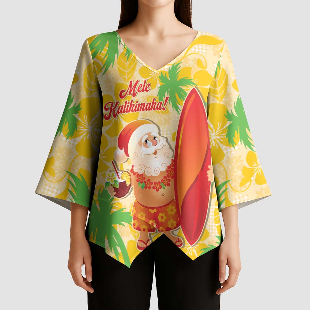 Aloha Hawaii Christmas Kimono Sleeve Blouse Mele Kalikimaka Funny Santa Palaka Quilt Motifs - Polynesian Pride