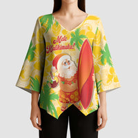 Aloha Hawaii Christmas Kimono Sleeve Blouse Mele Kalikimaka Funny Santa Palaka Quilt Motifs - Polynesian Pride