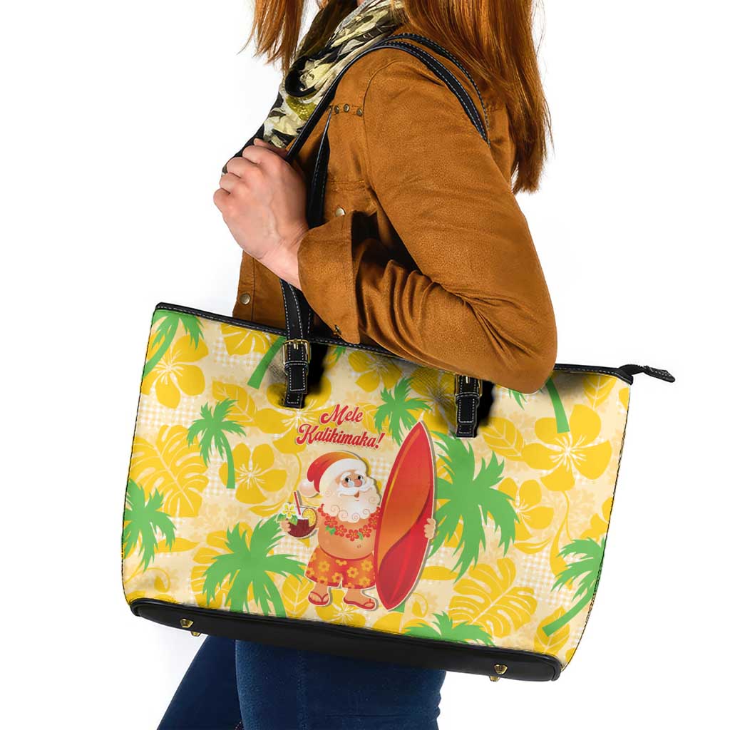 Aloha Hawaii Christmas Leather Tote Bag Mele Kalikimaka Funny Santa Palaka Quilt Motifs - Polynesian Pride