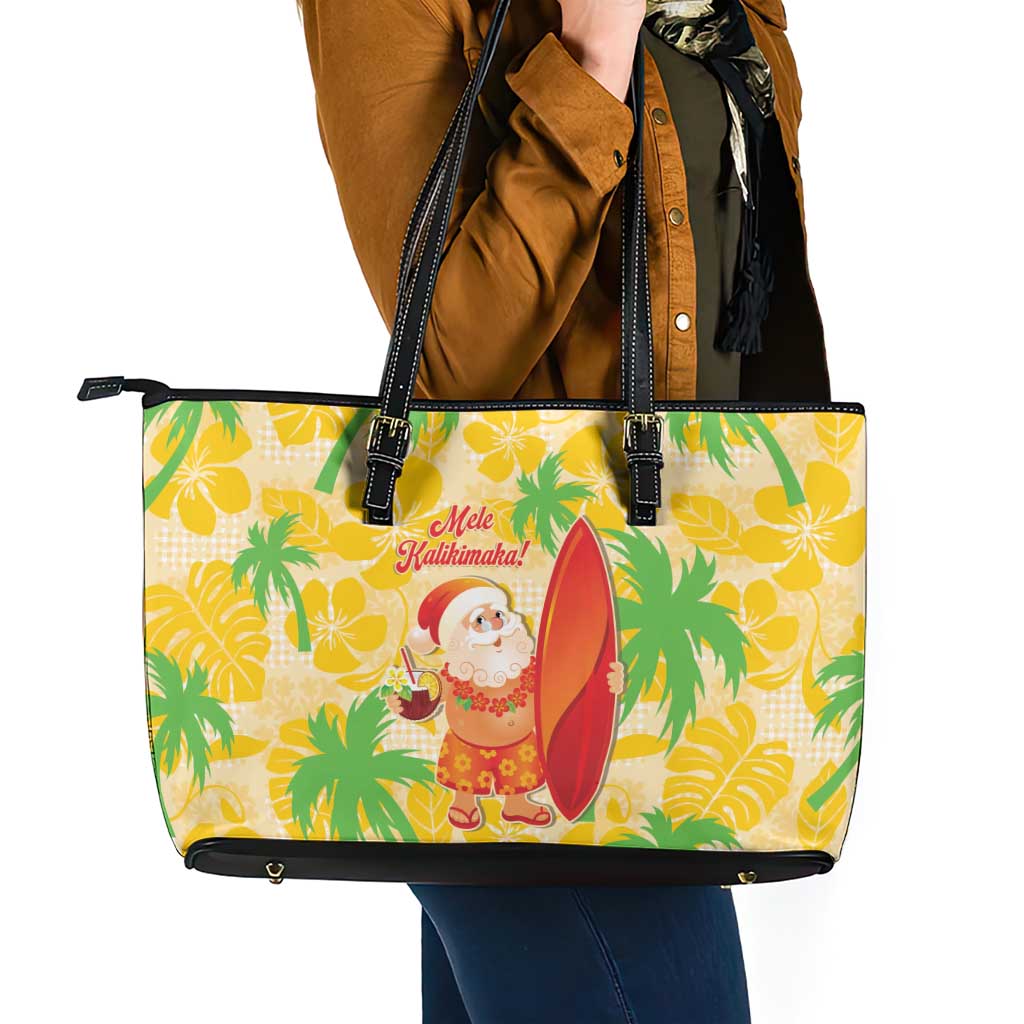 Aloha Hawaii Christmas Leather Tote Bag Mele Kalikimaka Funny Santa Palaka Quilt Motifs - Polynesian Pride