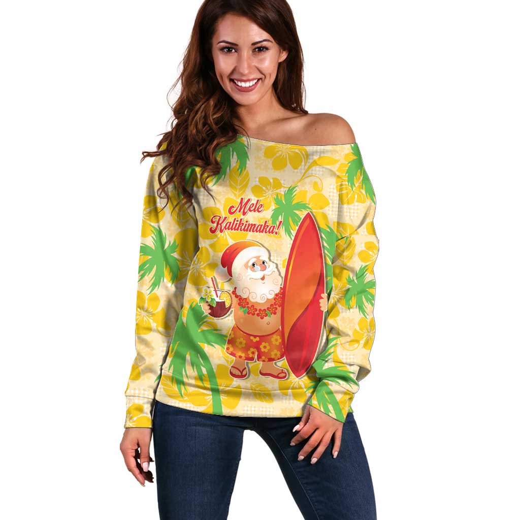 Aloha Hawaii Christmas Off Shoulder Sweater Mele Kalikimaka Funny Santa Palaka Quilt Motifs - Polynesian Pride