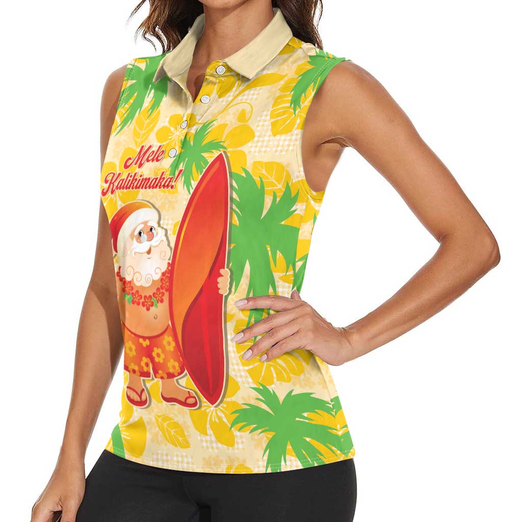 Aloha Hawaii Christmas Women Sleeveless Polo Shirt Mele Kalikimaka Funny Santa Palaka Quilt Motifs - Polynesian Pride
