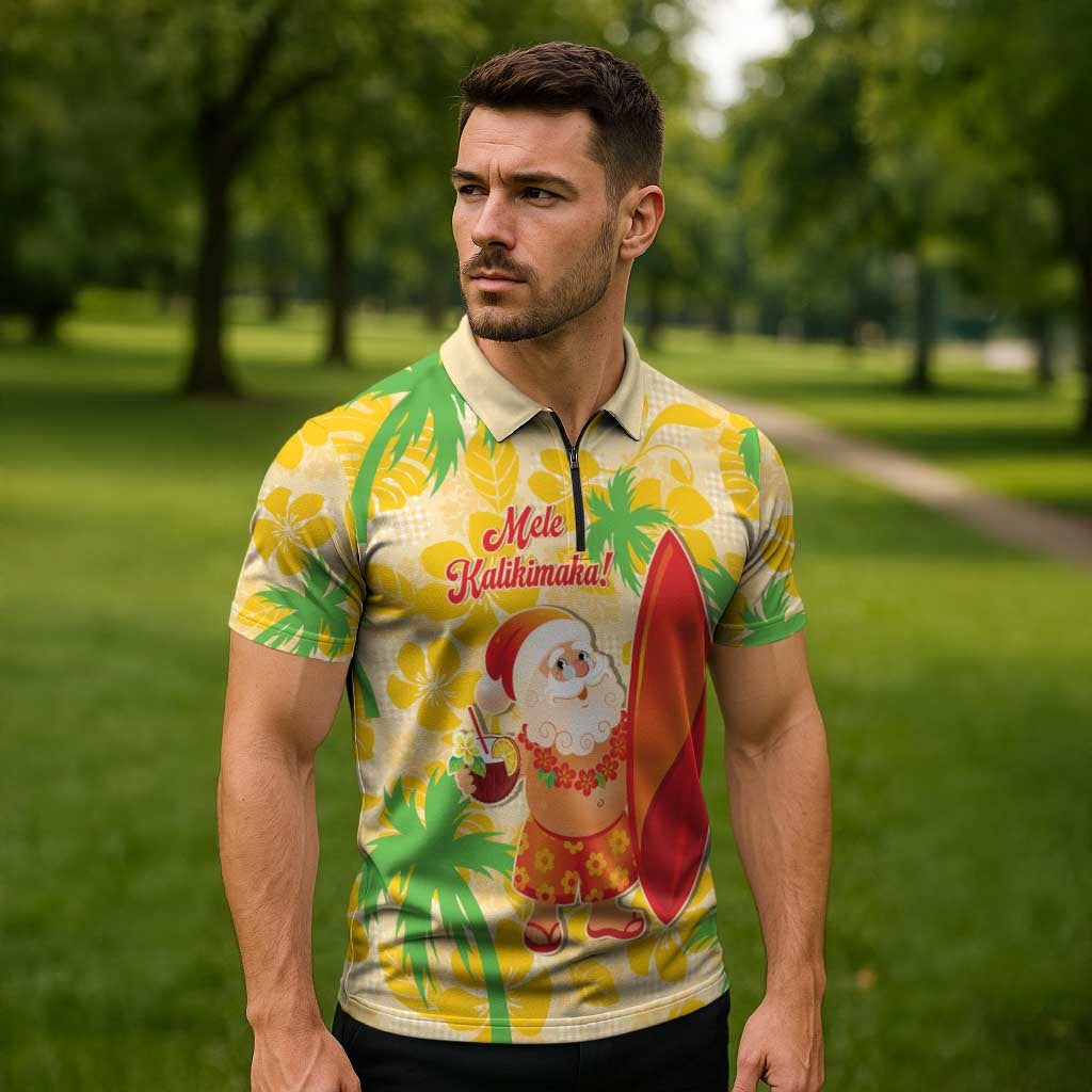 Aloha Hawaii Christmas Zipper Polo Shirt Mele Kalikimaka Funny Santa Palaka Quilt Motifs - Polynesian Pride