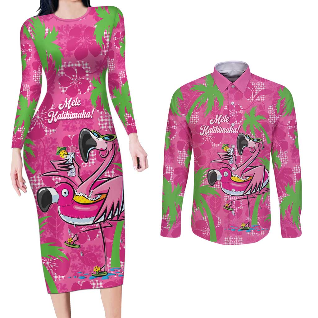 Aloha Hawaii Christmas Couples Matching Long Sleeve Bodycon Dress and Long Sleeve Button Shirt Mele Kalikimaka Chill Flamingo Palaka Quilt Motifs - Polynesian Pride