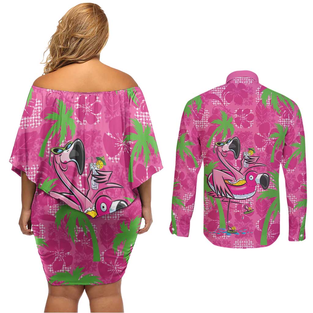 Aloha Hawaii Christmas Couples Matching Off Shoulder Short Dress and Long Sleeve Button Shirt Mele Kalikimaka Chill Flamingo Palaka Quilt Motifs - Polynesian Pride