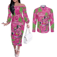 Aloha Hawaii Christmas Couples Matching Off The Shoulder Long Sleeve Dress and Long Sleeve Button Shirt Mele Kalikimaka Chill Flamingo Palaka Quilt Motifs - Polynesian Pride