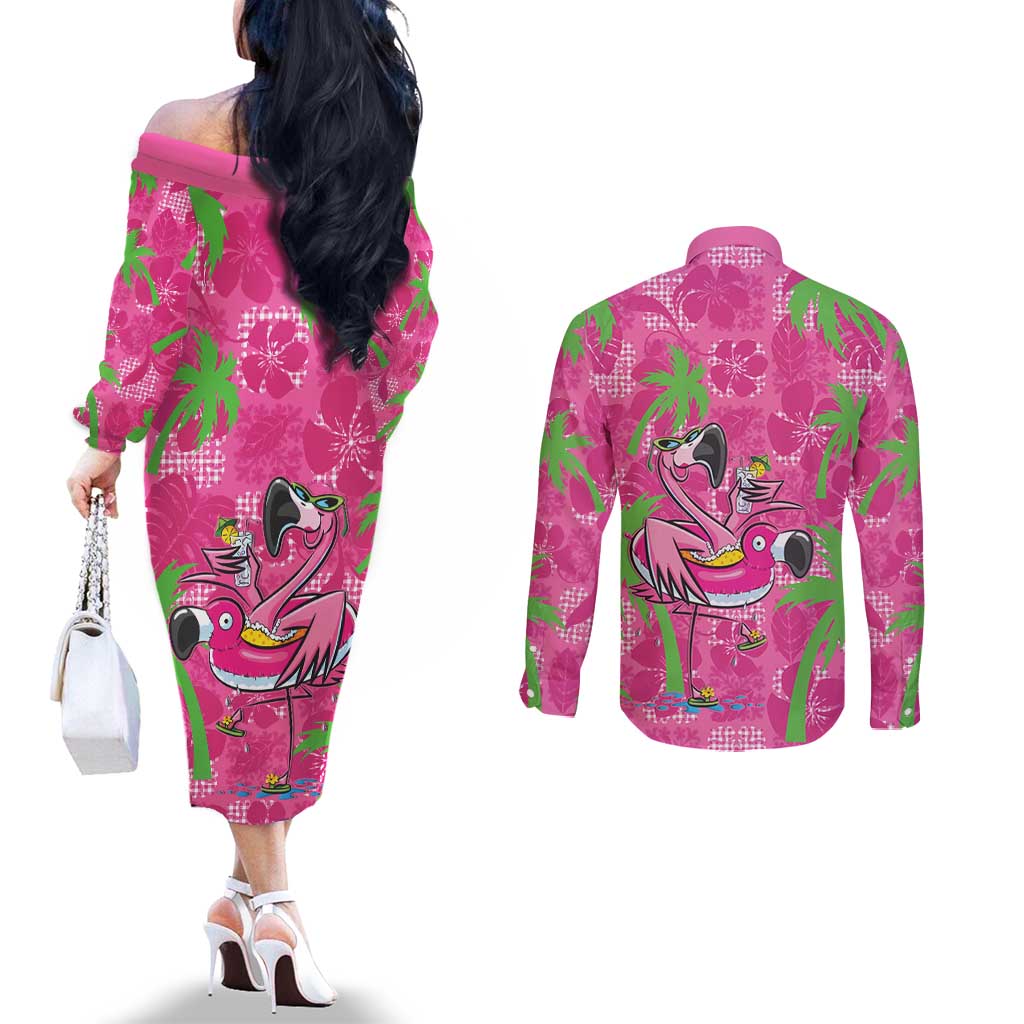 Aloha Hawaii Christmas Couples Matching Off The Shoulder Long Sleeve Dress and Long Sleeve Button Shirt Mele Kalikimaka Chill Flamingo Palaka Quilt Motifs - Polynesian Pride