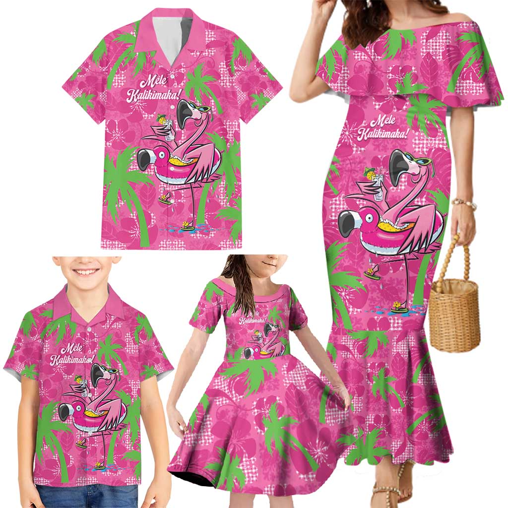 Aloha Hawaii Christmas Family Matching Mermaid Dress and Hawaiian Shirt Mele Kalikimaka Chill Flamingo Palaka Quilt Motifs - Polynesian Pride