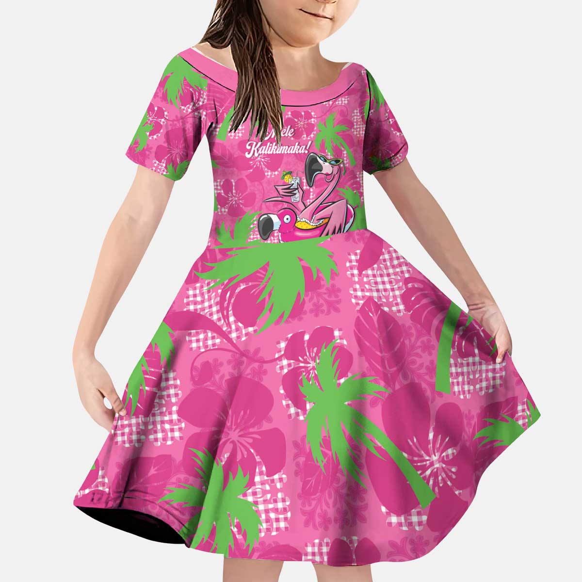 Aloha Hawaii Christmas Kid Short Sleeve Dress Mele Kalikimaka Chill Flamingo Palaka Quilt Motifs - Polynesian Pride