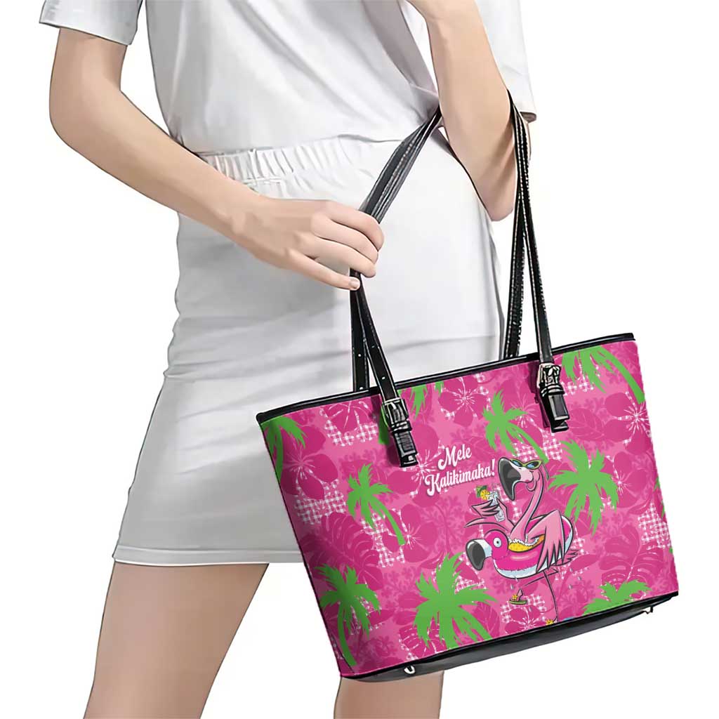 Aloha Hawaii Christmas Leather Tote Bag Mele Kalikimaka Chill Flamingo Palaka Quilt Motifs - Polynesian Pride