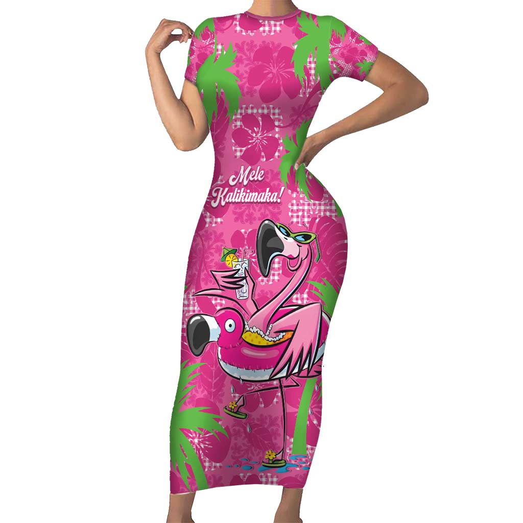 Aloha Hawaii Christmas Short Sleeve Bodycon Dress Mele Kalikimaka Chill Flamingo Palaka Quilt Motifs - Polynesian Pride