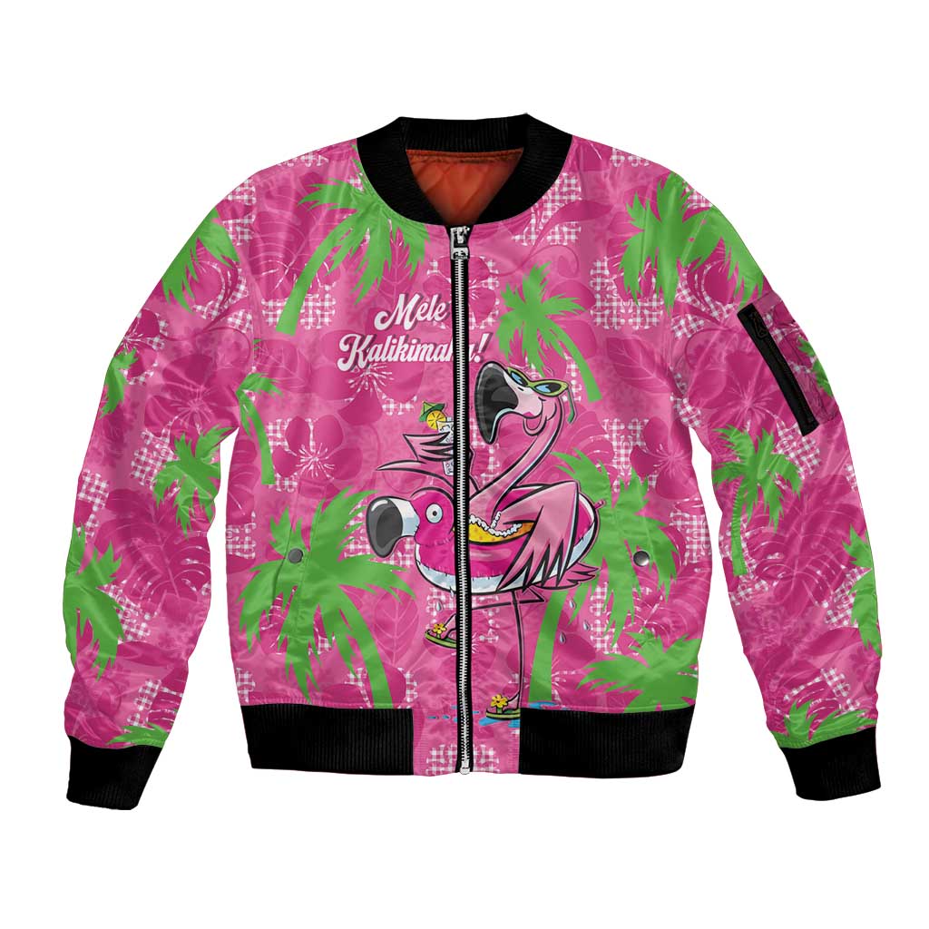 Aloha Hawaii Christmas Sleeve Zip Bomber Jacket Mele Kalikimaka Chill Flamingo Palaka Quilt Motifs - Polynesian Pride
