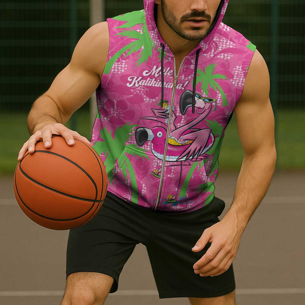 Aloha Hawaii Christmas Sleeveless Zip Hoodie Mele Kalikimaka Chill Flamingo Palaka Quilt Motifs - Polynesian Pride