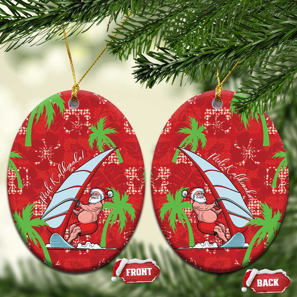 Aloha Hawaii Christmas Ceramic Ornament Mele Kalikimaka Windsurfing Santa Palaka Quilt Motifs - Polynesian Pride
