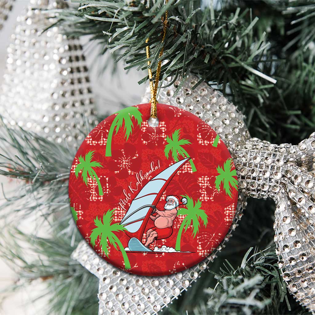 Aloha Hawaii Christmas Ceramic Ornament Mele Kalikimaka Windsurfing Santa Palaka Quilt Motifs - Polynesian Pride