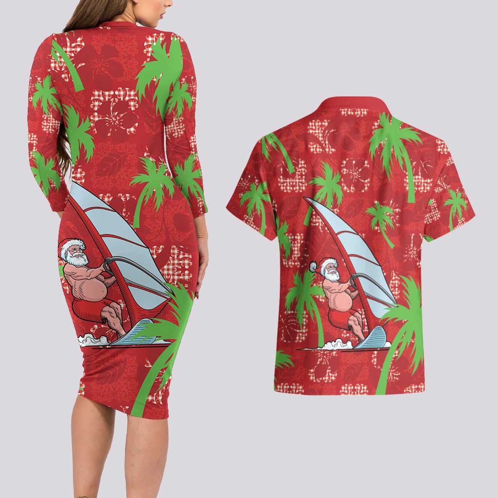Aloha Hawaii Christmas Couples Matching Long Sleeve Bodycon Dress and Hawaiian Shirt Mele Kalikimaka Windsurfing Santa Palaka Quilt Motifs - Polynesian Pride