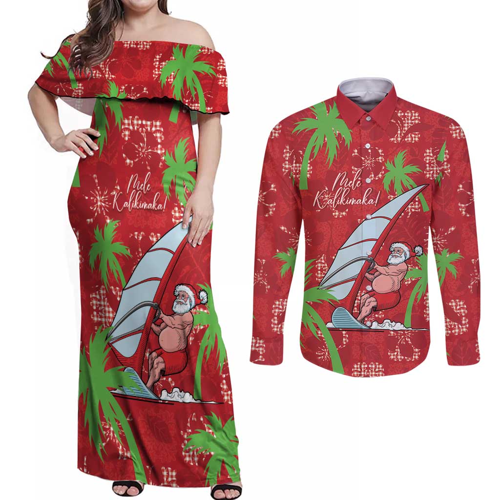 Aloha Hawaii Christmas Couples Matching Off Shoulder Maxi Dress and Long Sleeve Button Shirt Mele Kalikimaka Windsurfing Santa Palaka Quilt Motifs - Polynesian Pride