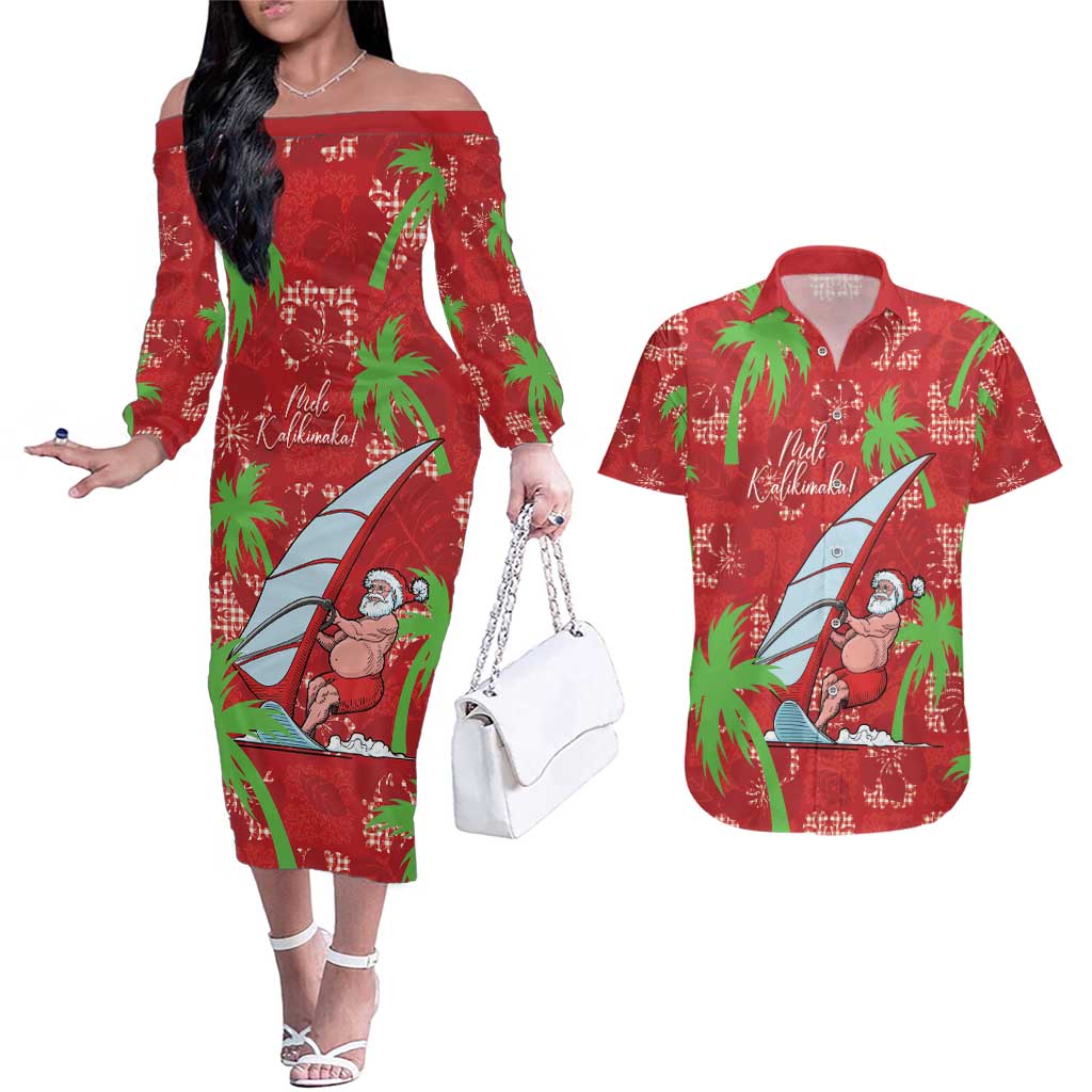 Aloha Hawaii Christmas Couples Matching Off The Shoulder Long Sleeve Dress and Hawaiian Shirt Mele Kalikimaka Windsurfing Santa Palaka Quilt Motifs - Polynesian Pride