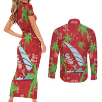 Aloha Hawaii Christmas Couples Matching Short Sleeve Bodycon Dress and Long Sleeve Button Shirt Mele Kalikimaka Windsurfing Santa Palaka Quilt Motifs - Polynesian Pride