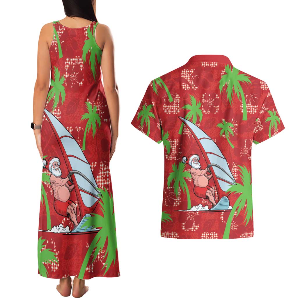Aloha Hawaii Christmas Couples Matching Tank Maxi Dress and Hawaiian Shirt Mele Kalikimaka Windsurfing Santa Palaka Quilt Motifs - Polynesian Pride