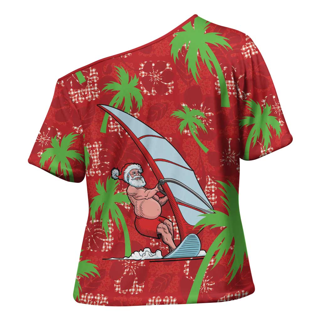 Aloha Hawaii Christmas Cross Shoulder Shirt Mele Kalikimaka Windsurfing Santa Palaka Quilt Motifs - Polynesian Pride