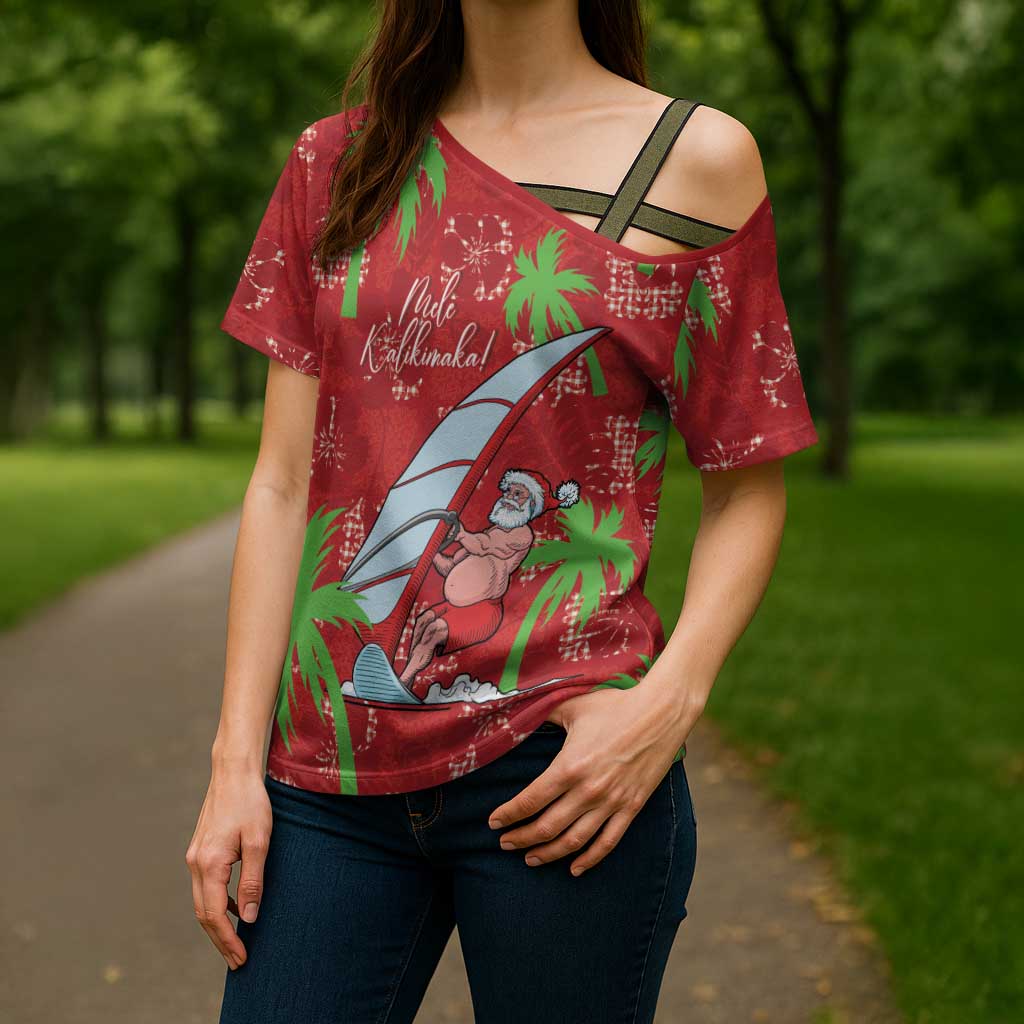 Aloha Hawaii Christmas Cross Shoulder Shirt Mele Kalikimaka Windsurfing Santa Palaka Quilt Motifs - Polynesian Pride