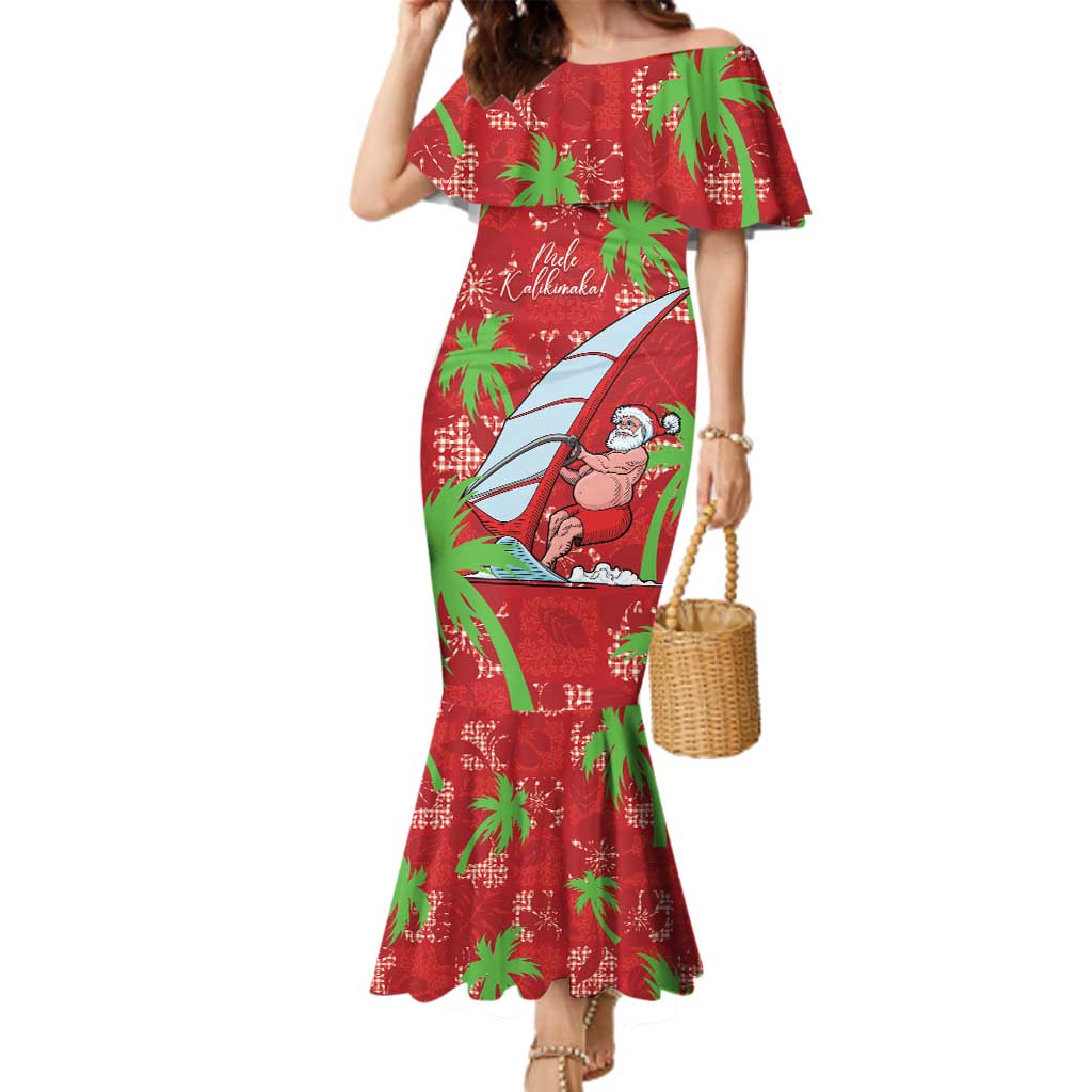 Aloha Hawaii Christmas Family Matching Mermaid Dress and Hawaiian Shirt Mele Kalikimaka Windsurfing Santa Palaka Quilt Motifs - Polynesian Pride