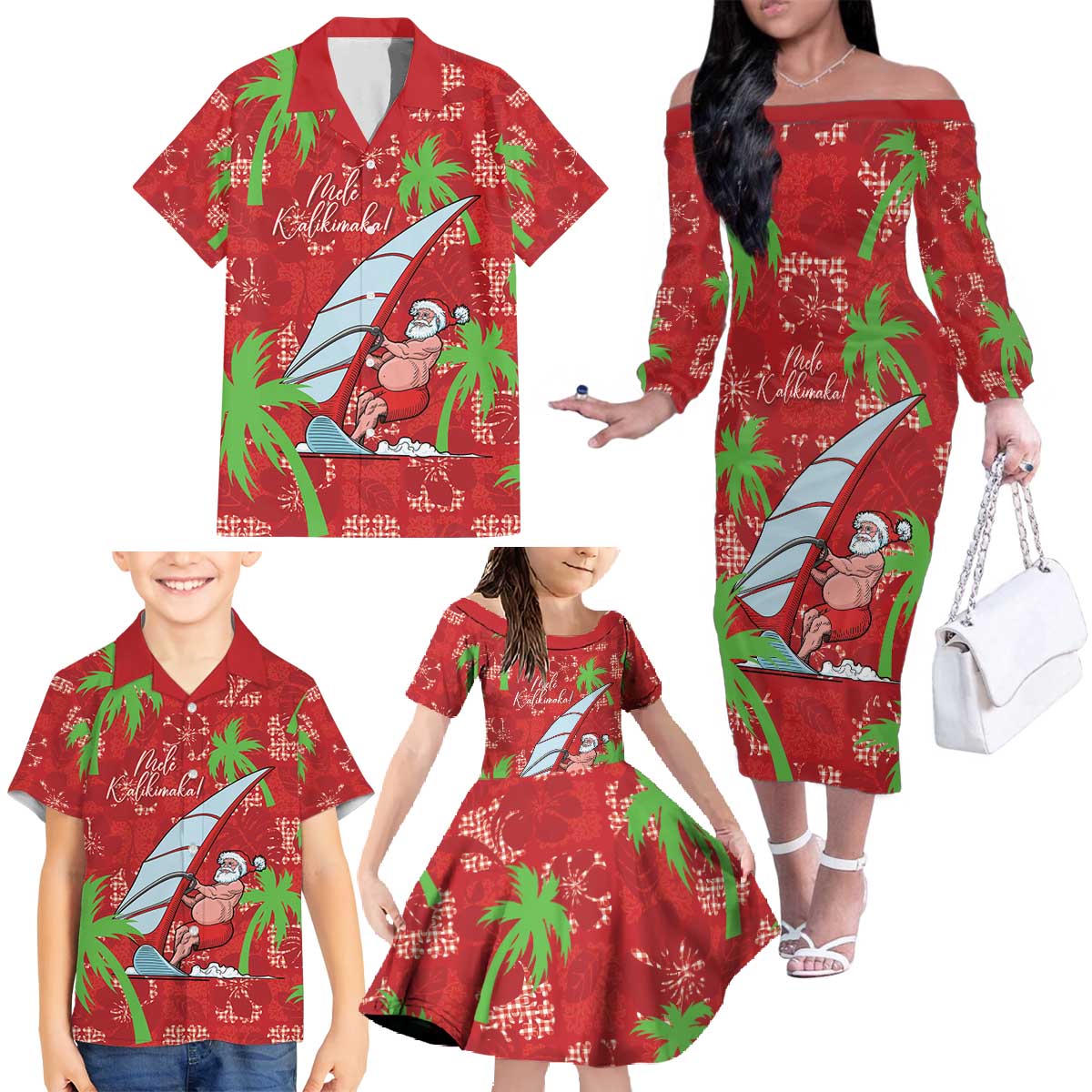 Aloha Hawaii Christmas Family Matching Off The Shoulder Long Sleeve Dress and Hawaiian Shirt Mele Kalikimaka Windsurfing Santa Palaka Quilt Motifs - Polynesian Pride