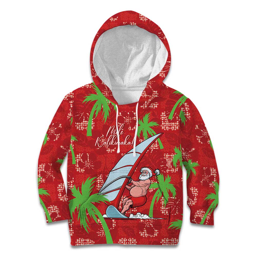 Aloha Hawaii Christmas Kid Hoodie Mele Kalikimaka Windsurfing Santa Palaka Quilt Motifs - Polynesian Pride