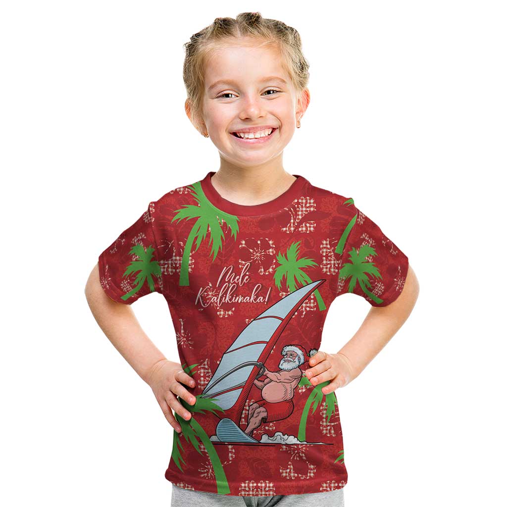 Aloha Hawaii Christmas Kid T Shirt Mele Kalikimaka Windsurfing Santa Palaka Quilt Motifs - Polynesian Pride