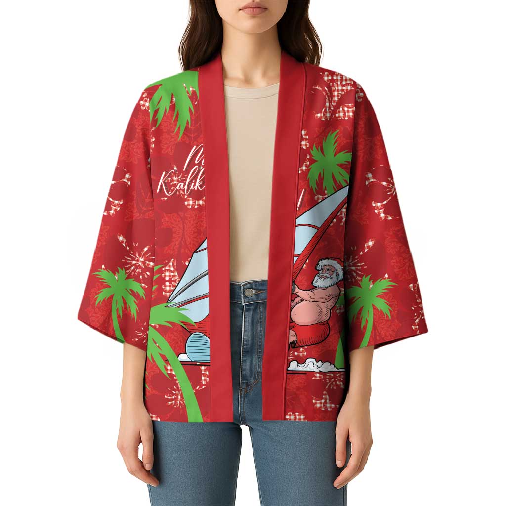 Aloha Hawaii Christmas Kimono Mele Kalikimaka Windsurfing Santa Palaka Quilt Motifs - Polynesian Pride