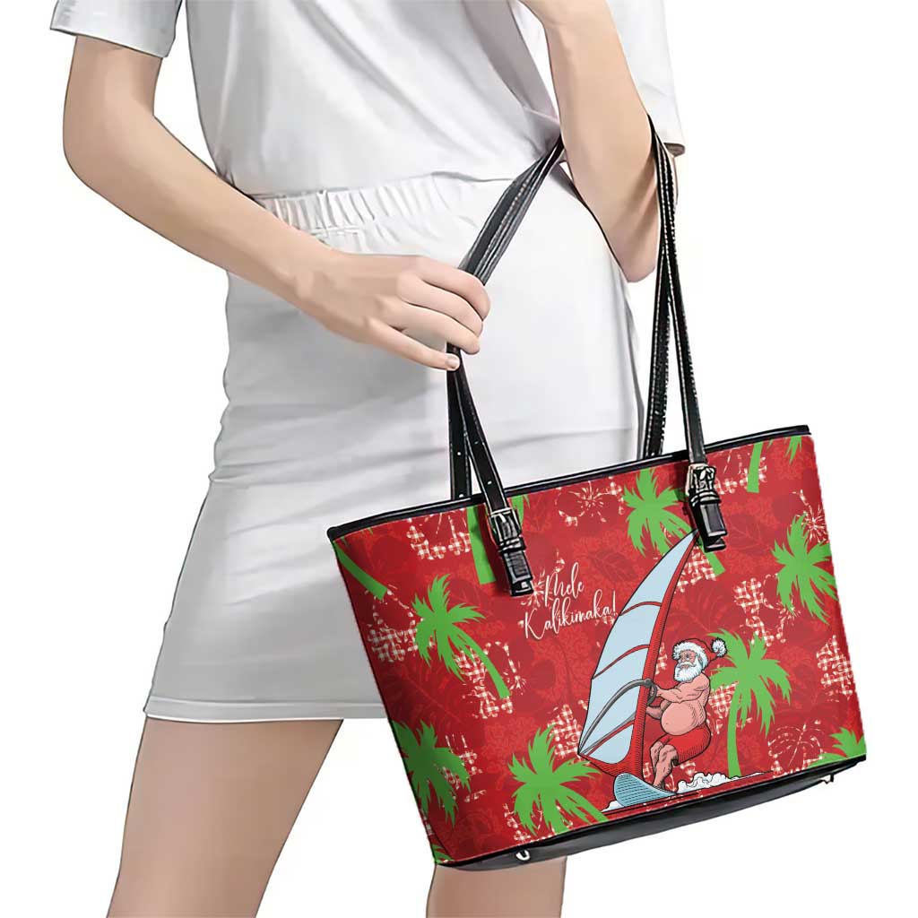 Aloha Hawaii Christmas Leather Tote Bag Mele Kalikimaka Windsurfing Santa Palaka Quilt Motifs - Polynesian Pride